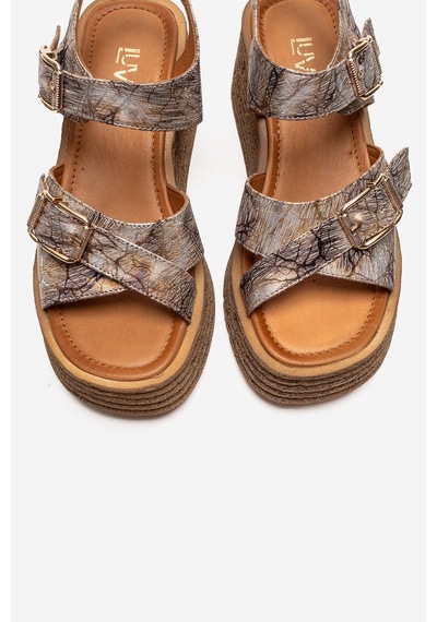 Luvishoes Mırette Altın Desenli Hakiki Deri Kadın Dolgu Tabanlı Sandalet