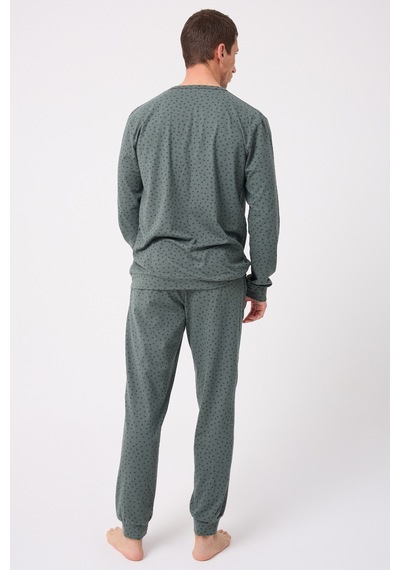 L'espadon Oceanripple Premium Örme Pamuk Uzun Kollu Henley & Uzun Pantolonlu Erkek Pijama Takımı-3223 Gri