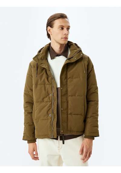 Koton Etiket Detaylı Slim Fit Kapşonlu Şişme Mont Haki 5wam20040hw Haki