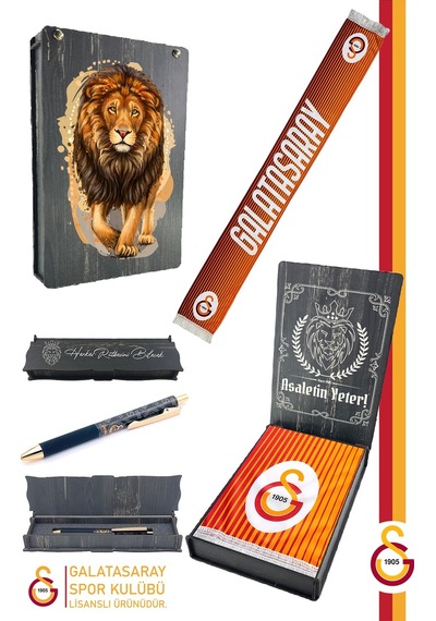 Galatasaray Lisanslı Çift Yön Baskılı Şal Kaşkol Atkı Ve Hybrit Tükenmez Kalem Set Aslan Baskılı Ahşap Kutulu Sarı - Kırmızı
