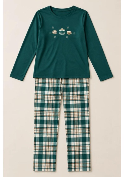 Gd Goldoremi Kadın Ekose Desenli Likralı Termal Kumaş Uzun Kollu Yeşil Pijama Takımı