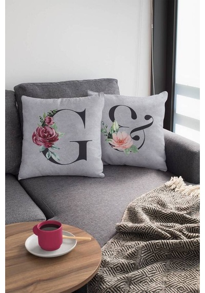 Çift Taraflı Gri G Harfli Yastık Kırlent Kılıfı Krl569n11