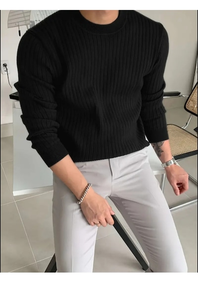 Erkek Bisiklet Yaka Slim Fit Triko Kazak Siyah
