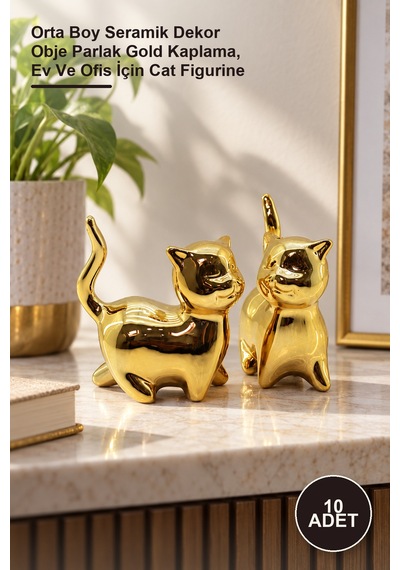 10 Adet Dik Kuyruklu Kedi Biblo Orta Boy Seramik Dekor Obje Parlak Gold Kaplama, Ev Ve Ofis İçin Cat Figurine