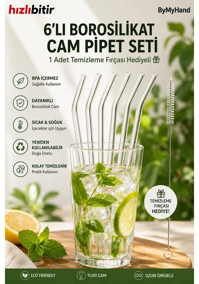 Bymyhand 6'lı Cam Pipet Seti Temizleme Fırçası Hediyeli Şeffaf