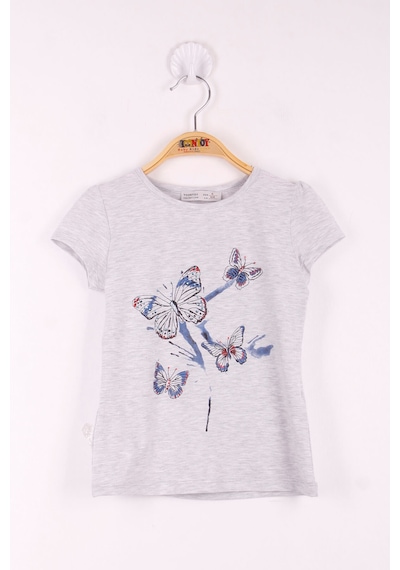 Toontoy Kids Toontoy Kız Çocuk Kelebek Taş Baskılı T-shirt Gri Melanj