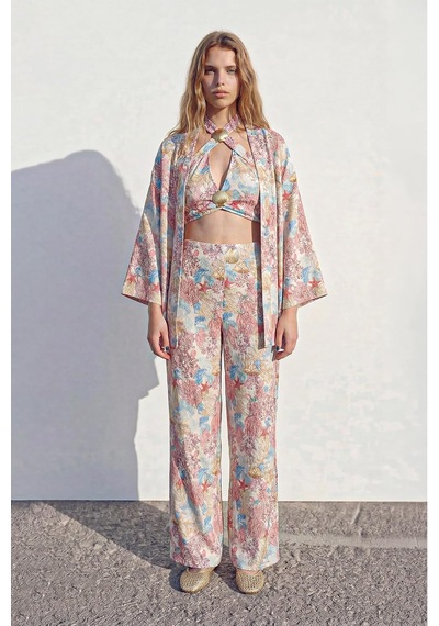 Çiçek Desenli Kısa Kimono Pembe Altın - Siyah