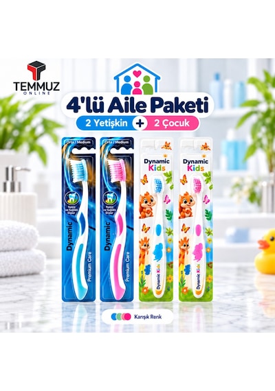 Dynamic Aile Paketi Diş Fırçası Seti 4 Adet 2 Yetişkin Medium + 2 Çocuk Extra Soft Karışık Renk