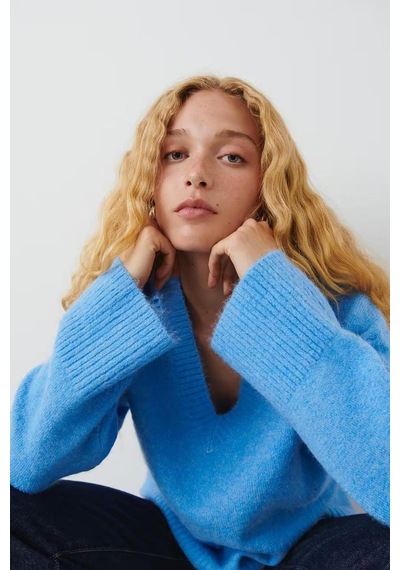 Madmext Mavi V Yaka Oversize Kadın Triko Kazak Mg2149-mavi Mavi