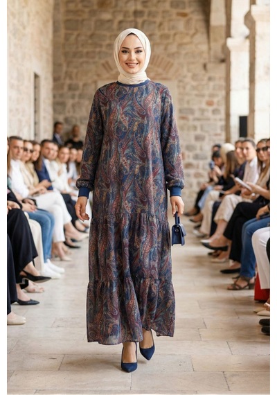Hb Harma Time Butik Kadın İçi Şardonlu Desenli Lacivert Şifon Elbise Lacivert Lacivert