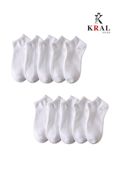 Kral Socks Kadın - Erkek 10 Çift Düz Desen Ekonomik Bilek Boy Patik Çorap Beyaz