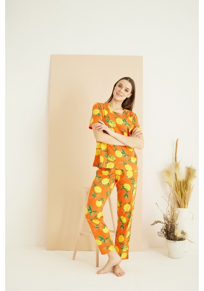 Siyah İnci Pamuklu Bisiklet Yaka Örme Pijama Takım25107130 Turuncu