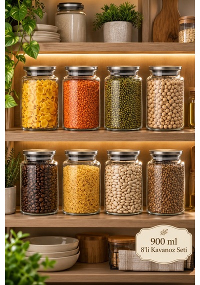 Porsima 4402 Bormio Metal Kapaklı 8li Cam Kavanoz Seti Vakum Kapaklı Saklama Düzenleme Kabı Seti 900ml Şeffaf