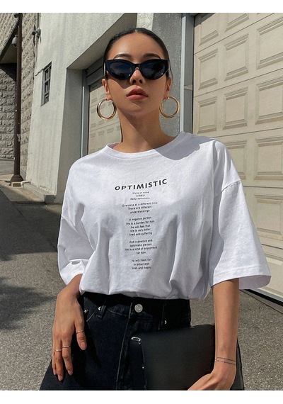 Flood Of Style Kadın Beyaz Optımıstıc Baskılı Oversize Bisiklet Yaka Tshirt