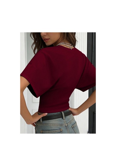 Cool Tarz Kadın Yarasa Kol Belden Oturtmalı Pamuklu T-shirt Bordo Bordo