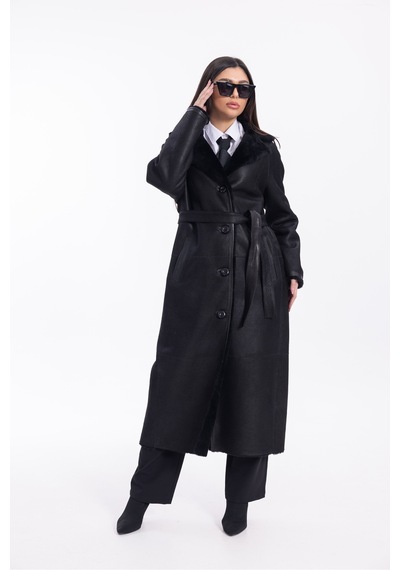 M M Marki Marki Kadın Siyah Hakiki Deri Oversize Palto İçi Kürklü Kuşaklı Premium 120 Cm - 121922