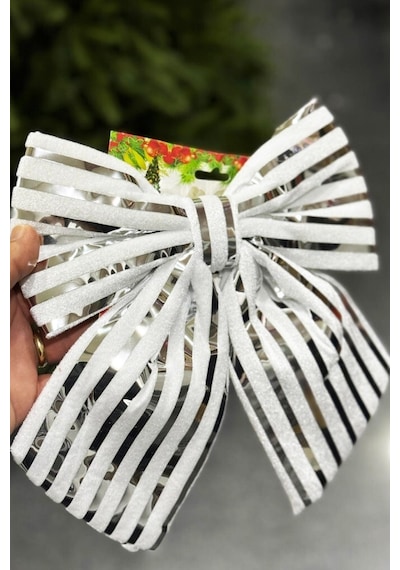 Beysüs Yılbaşı Ağacı Süsü 26 Cm Beyaz Gümüş Çizgili Dekoratif Fiyonk Diğer
