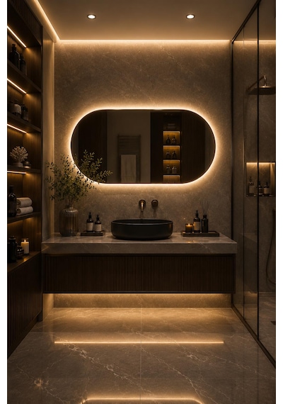 Albus Home Terra 50x100 Led Aydınlatmalı Dekoratif Banyo Aynası Dokunmatik Buğu Önleyici Çerçevesiz Cam