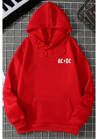 Uyguntarz Unisex Ac Dc Baskılı Kapüşonlu Sweatshirt Kırmızı