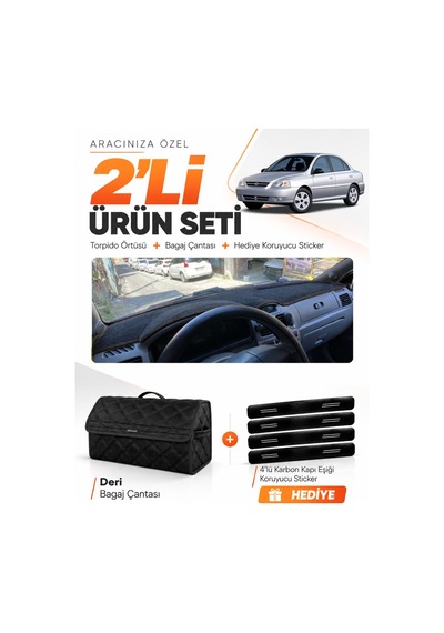 E-biz Kia Rio 2000-2005 Uyumlu Torpido Örtüsü + Deri Bagaj Çantası Seti - Siyah - Kı011