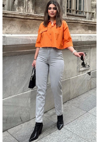 WeShaya Kadın Gri Yüksek Bel, Rahat Kesim, Boru Paça, Skinny Kot Pantolon - Jeans Açık Gri