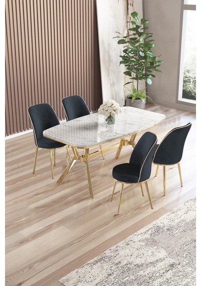 Canisa Lena Serisi 90x160 Lak Panel Beyaz Mermer Desen Gold Kaplama Ayaklı Masa Takımı Ve 4 Sandalye Beyaz Mermer Desen Masa, Antrasit Sandalye Canisa Lena Serisi 90x160 Lak Panel Beyaz Mermer Desen Gold Kaplama Ayaklı Masa Takımı Ve 4 Sandalye Beyaz Mermer Desen Masa, Antrasit Sandalye
