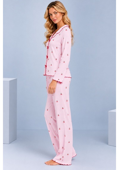 Pijamask Kadın Desenli Fiyonk Detaylı Düğmeli Uzun Kollu Müslin Pijama Takımı Pembe