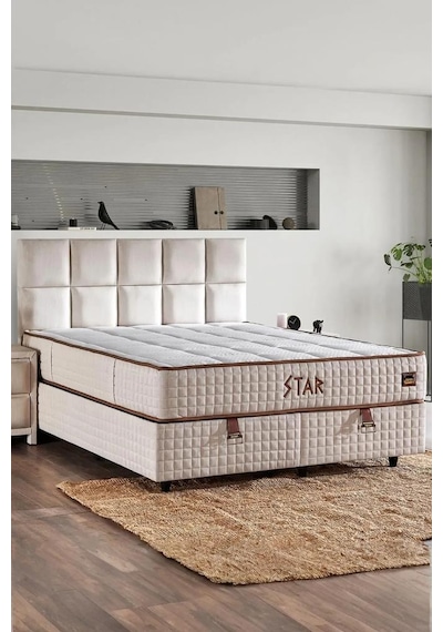 Star Yatak Seti 150x200 Cm Çift Kişilik Yaylı Sert Ortopedik Yatak Krem Keten Lüks Baza Başlık Takım