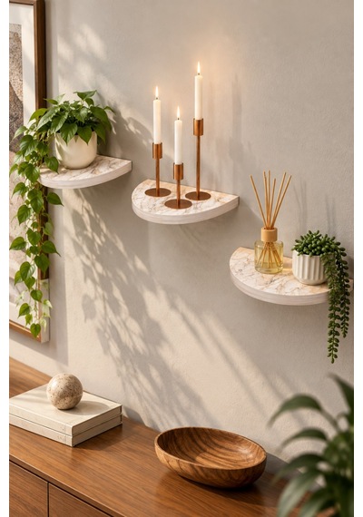 Sulorahome 3'lü Oval Duvar Rafı Mermer Desenli Beyaz Beyaz Mermer