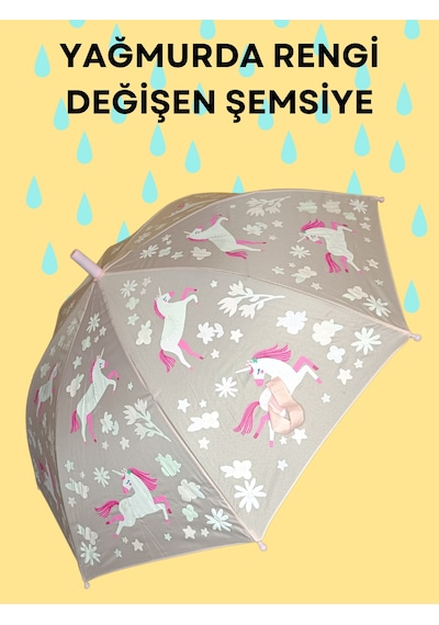 Yağmurda Rengi Değişen Toz Pembe Kız Çocuk Şemsiye Toz Pembe Açık Pembe