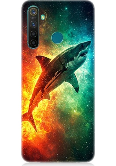Realme 5 Pro Uyumlu Uzayda Parlayan Yalnız Köpekbalığı Desenli Silikon Kılıf Çok Renkli