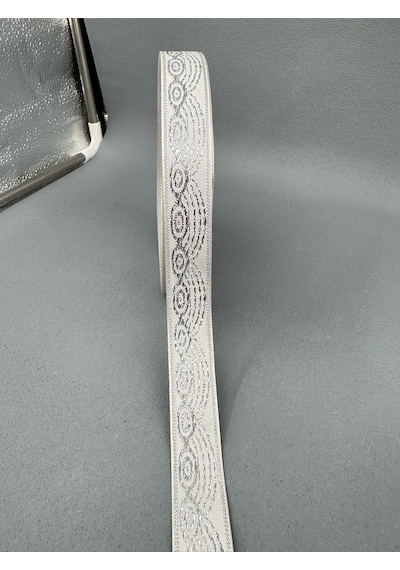 2 Cm Gümüş Yaldızlı Desenli Saten Şerit-5 Metre