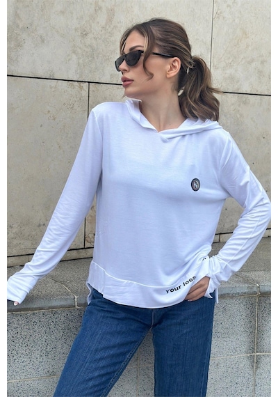 WeShaya Kadın Beyaz Uzun Kol, Yırtmaç Detaylı, Arma Ve Yazı Detaylı, Kapüşonlu Sweatshirt Bluz Beyaz WeShaya Kadın Beyaz Uzun Kol, Yırtmaç Detaylı, Arma Ve Yazı Detaylı, Kapüşonlu Sweatshirt Bluz Beyaz