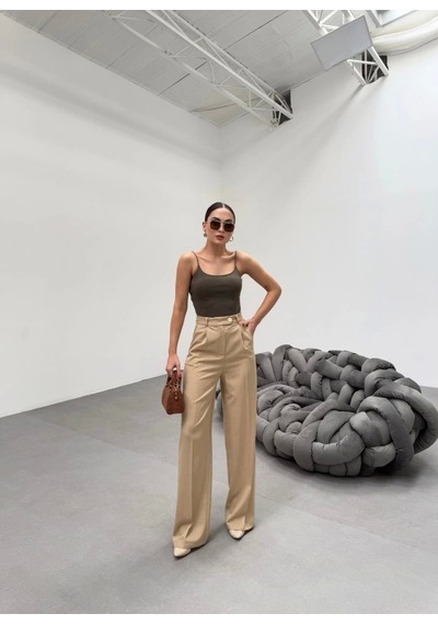 Defymoda Trio Arka Bel Lasti K Detayli Palazzo Pantolon Vizon