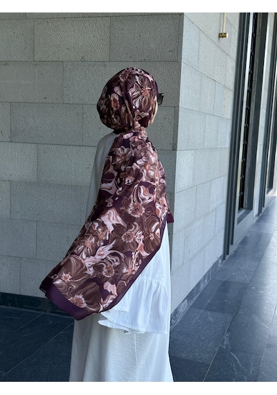Qalortex Scarf Pamuklu Mimoza Desen Şal- Mürdüm