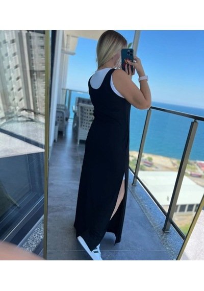 Zenna Tarz Kadın Yırtmaç Detaylı Viskon Kumaş Maxi Boy Cepli Iç Dahil Ikili Elbise Siyah