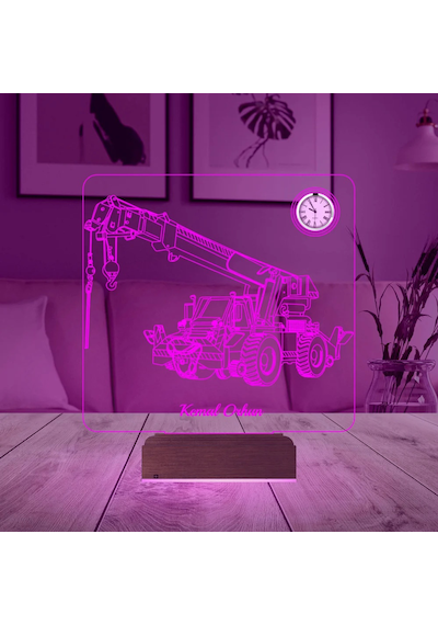 Luvivia Vinç İş Makinesi Tasarım Kişiye Özel Metal Saatli 3d Lamba - Masa Gece Lambası Şeffaf