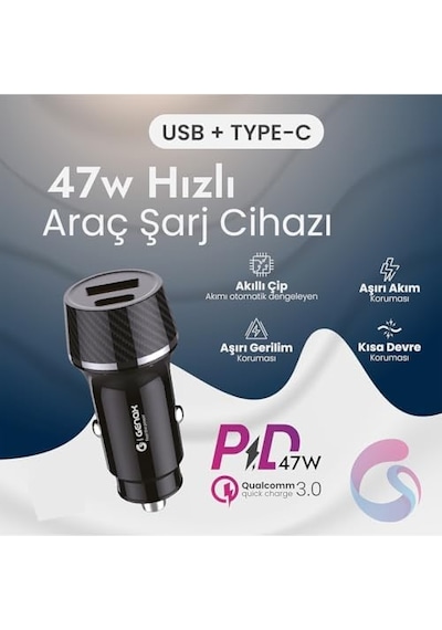 Ultra Hızlı 47w Araç Şarj Başlığı - Tüm Cihazlar İle Uyumlu
