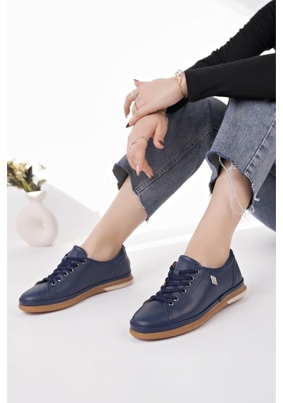 Nesilshoes Modessa 160 Laci Bağcıklı Hakiki Soft Deri Kadın Ayakkabı Lacivert