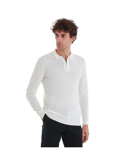 Hatemoğlu Ekru Regular Fit Jakarlı Polo Yaka Yünlü Triko Kazak 34202023a003 048 Ekru