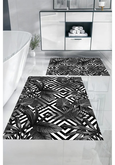 Buççin Online Mağaza Dijital Baskılı Yıkanabilir Klasik Çiçek Desenli Banyo Paspası Klozet Takımı Polyester Gri Çok Renkli