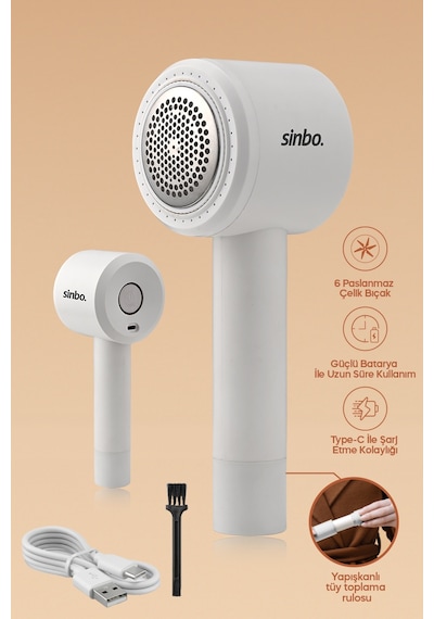 Sinbo Ss-4076 Şarjlı Tiftik Temizleyici Beyaz 6 Paslanmaz Çelik Bıçaklı, Type-c Şarjlı, Yapışkanlı Roller Başlıklı Beyaz