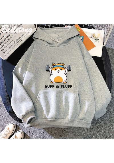 Startmore Beyaz Hamster İlkbahar Sonbahar Kawaii Grafik Harajuku Unise Gri