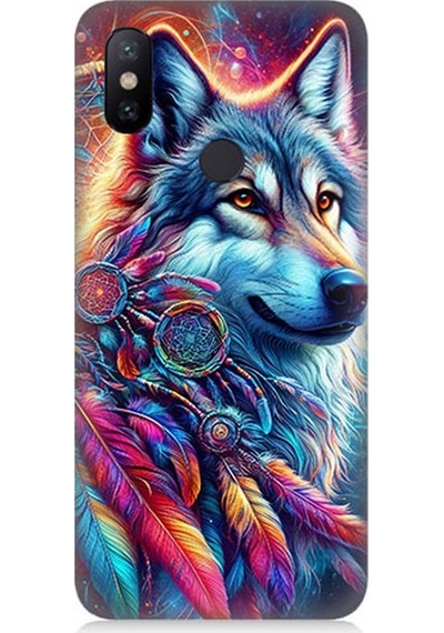 Xiaomi Mi A2 Uyumlu Renkli Tüylerde Kurt Ruhu Desenli Silikon Kılıf Çok Renkli