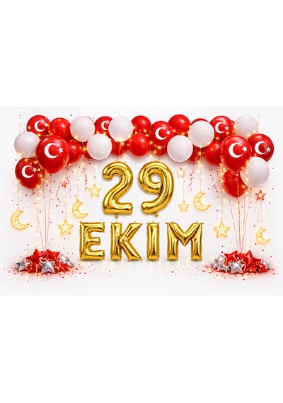 Ay-yıldız Ledli 29 Ekim Cumhuriyet Bayramı Temalı Gold Folyo Rakam Ve Harf Kırmızı Beyaz Ay Yıldız Balonlar Altın - Kırmızı