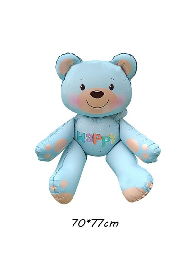 Mavi Renk Happy Yazılı Oturan Ayı Folyo Balon 77x70 Cm Mavi