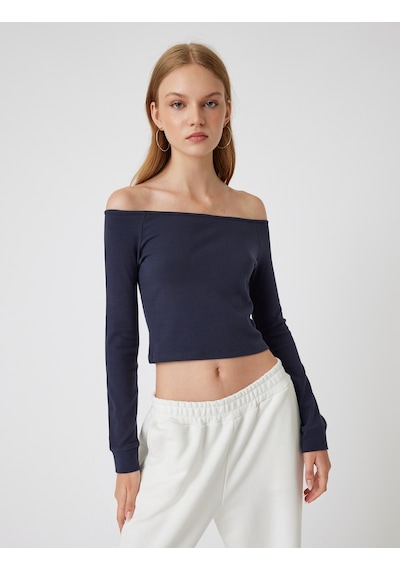 Koton Madonna Yaka Tişört Crop Uzun Kollu Biyeli Slim Fit Lacivert 5wal10232ık Lacivert
