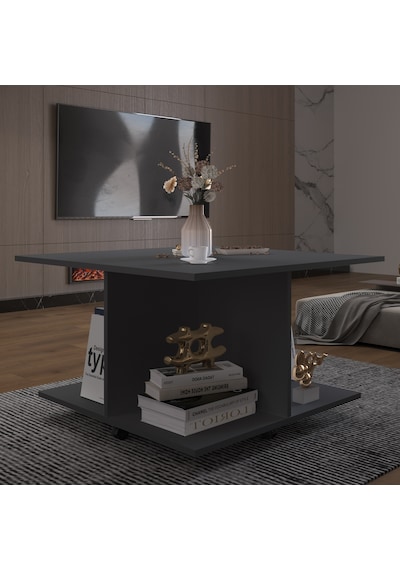 Asra Trend Kare Orta Sehpa OS002 %100 MDF Tekerlekli 4 Bölmeli Raf Takımı Antrasit