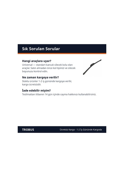 Trobus Aparatsız Ön Cam Muz Silecek Süpürgesi 380 Mm Kanca Kol Uyumlu