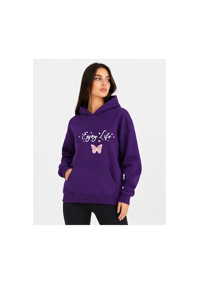 Herkesemoda Enjoy Life Baskılı Kapüşonlu 2 İplik Şardonlu Sweatshirt Mor